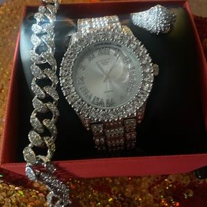 WATCH MICRO PAVE SET CUBAN BRACELET RING NEW BOX!!